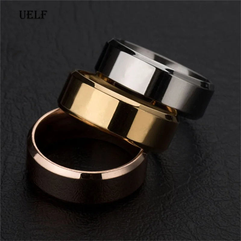 Uelf Simple Design 8MM Wide Stainless Steel Rings Trendy Rose Gold/Silver/Gold Color Wedding Ring Jewelry For Women Men