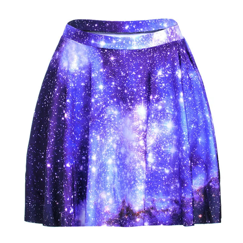 Women's Blue Starry Sky Galaxy Printed Cheering Squad Tutu Skater, Mini Pleated Skirt, Sexy Girl, New Summer