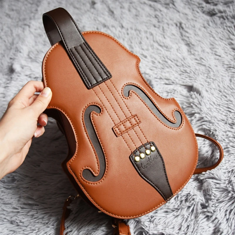 Fun Brown Violin Shape Shoulder Bag for Teenage Girls Fashion Backpack Travel School Bag Multiple Using Women Pouch Pu Leather