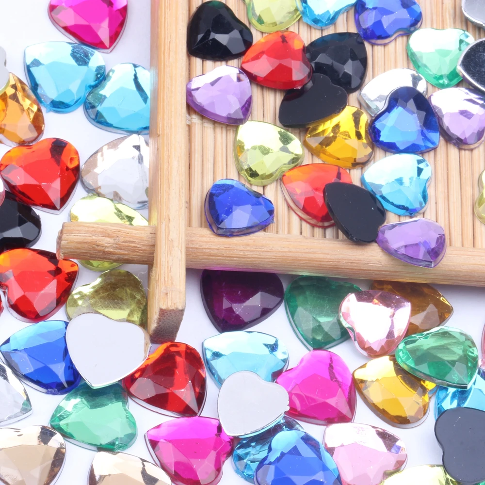 Heart Shape 12mm 30/200pcs Acrylic Rhinestones Flat Back Flat Facets Many Colors For DIY Nail Art Decoration