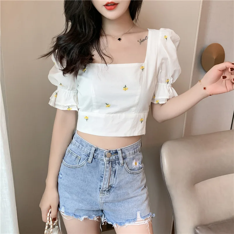 Blouse Et Chemisier Femme Vintage Square Neck Back Bow Bandage Sexy Crop Top Short Sleeve Summer Floral Embroidery Shirts Women