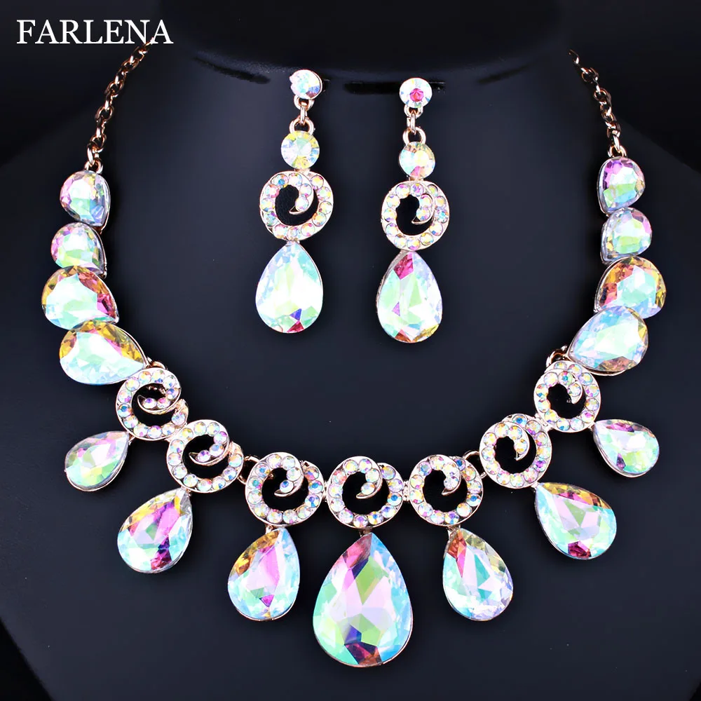 FARLENA Wedding Jewelry Clear Crystal Rhinestones Water Drop Necklace Earrings Set for Women Bride Dubai Sets