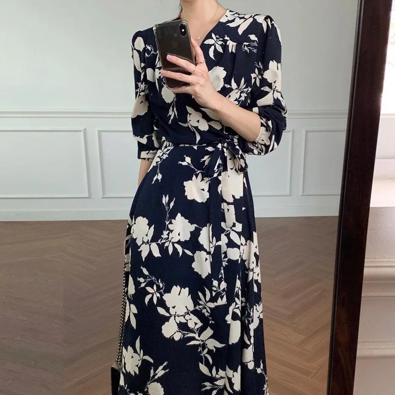 Half Sleeve Dresses Women Print Floral 2022 Spring Autumn Party Woman Dress Vintage Elegant High Waist A-Line Chiffon Vestido