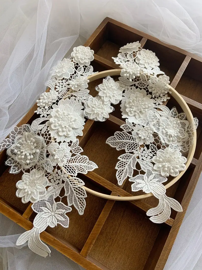 5 pair Off White Flowers Applique 3D Lace Applique For Bridal Dress