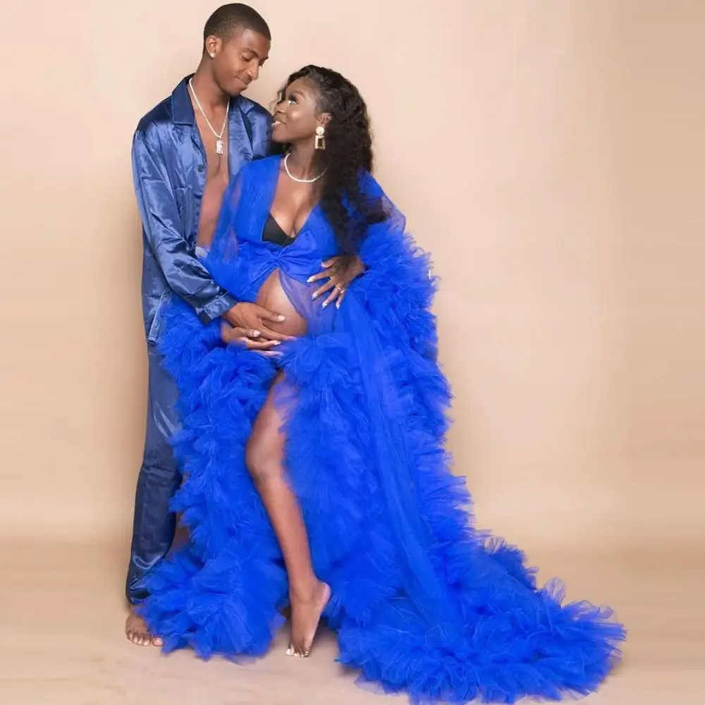 Pregnant Women Royal Blue Prom Dresses Sexy V Neck Robes for Photo Shoot or Baby Shower Custom Made Maternity Tulle Fluffy Robes