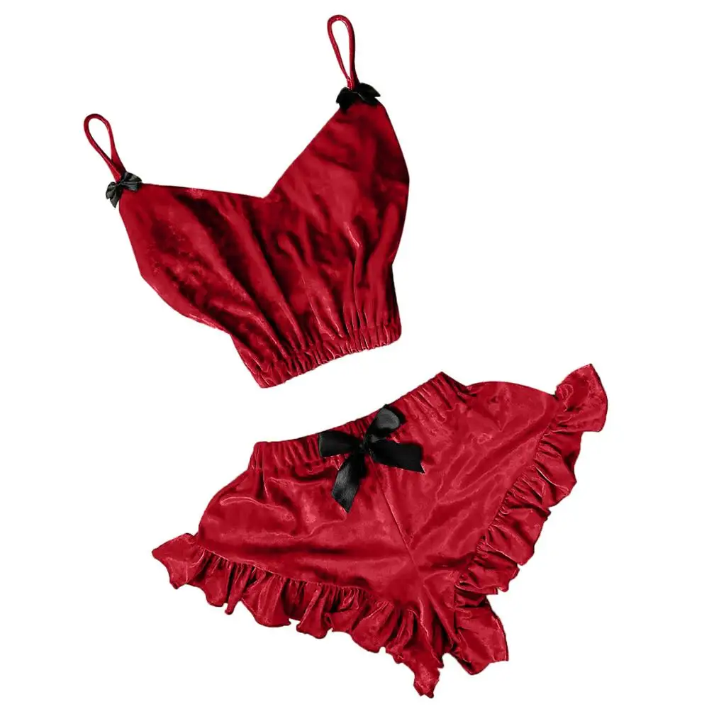 Women V-neck Velvet Sexy Stain Camisole Pajamas Bowknot Shorts Set Pajamas