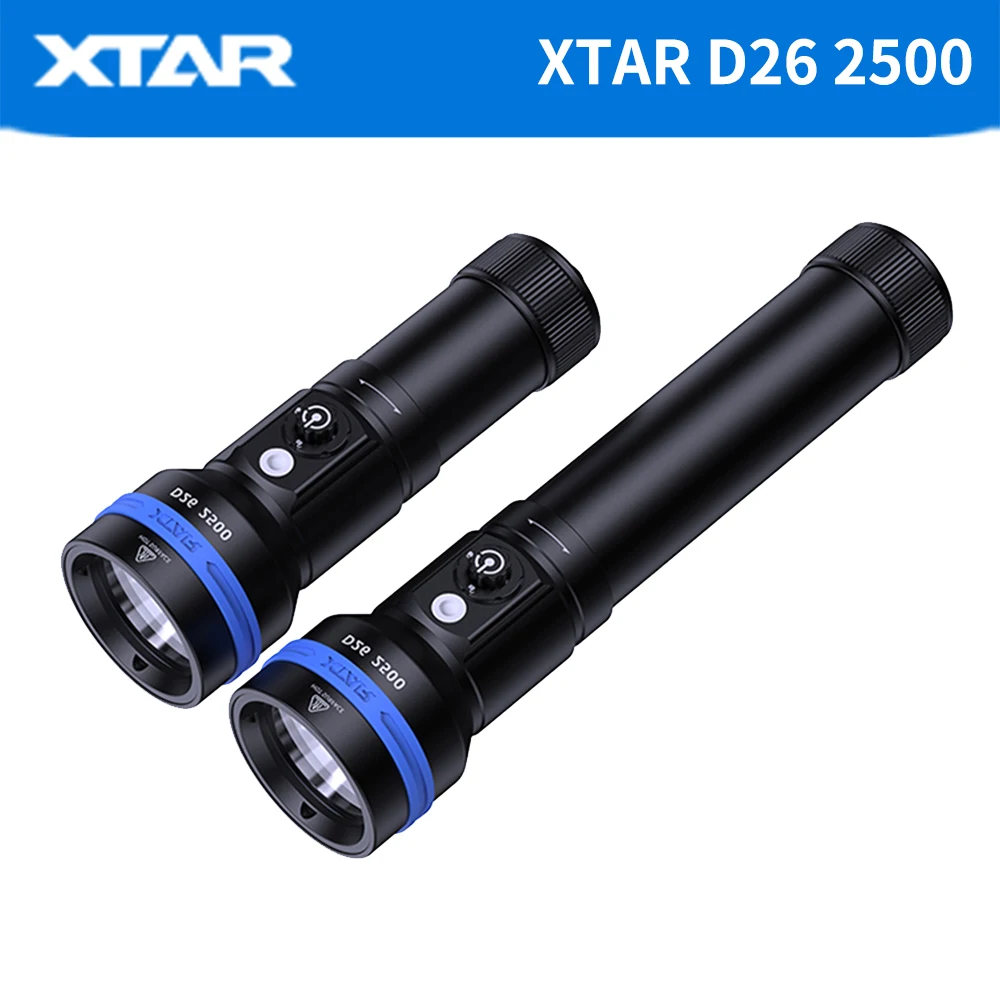 XTAR D26 2500 다이빙 손전등, 2500 루멘 빔 거리 320 계량기, 마그네틱 스위치 토치, 100 계량기 다이빙 깊이