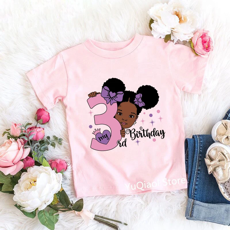 Pink Tshirt For Baby Toddler Girl My 2-7th Birthday Cute Afro Black Princess Print Graphic T Shirts Kids Gift/Present Summer Top