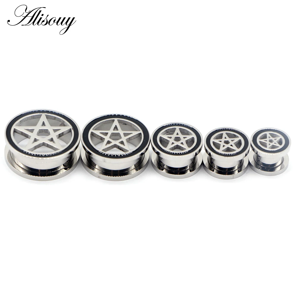 Alisouy 2pcs Pentagram Stainless Steel Double Flared CZ Star Ear Tunnel Flesh Plugs Orelha Gauges Earrings Body Piercing Jewelry