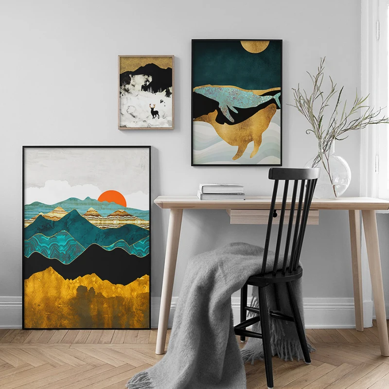 

Modern Golden Abstract Landscape Picture Home Decor Nordic Ocean Whale Canvas Painting Wall Art Mountain Forest Poster and Print