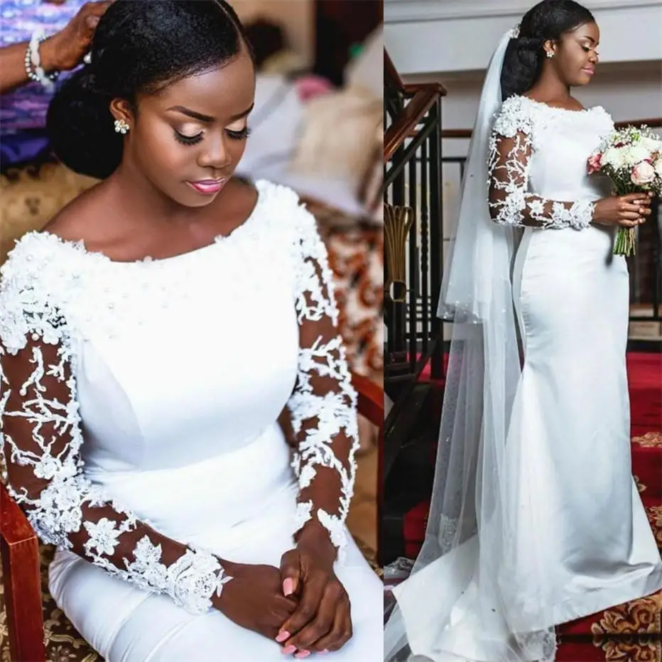 African Satin Mermaid Wedding Dresses 2021 Long Sleeves Lace Beaded Bridal Gowns Plus Size Elegant Robes De Mariée