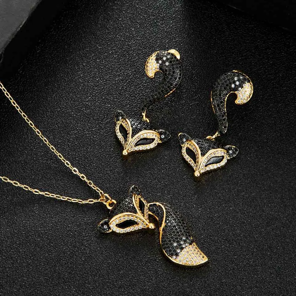 

Zlxgirl jewelry fashion New Dubai Gold Fox shape couple necklace with earring jewelry set Cute fox animal Chain pendant ears set