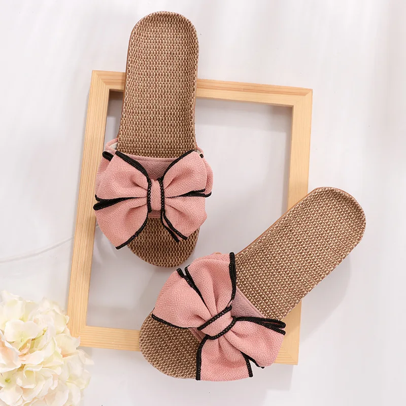 Glglgege Women Summer Casual Slides Comfortable Flax Slippers Striped Bow Linen Flip Flops Platform Sandals Ladies Indoor Shoes