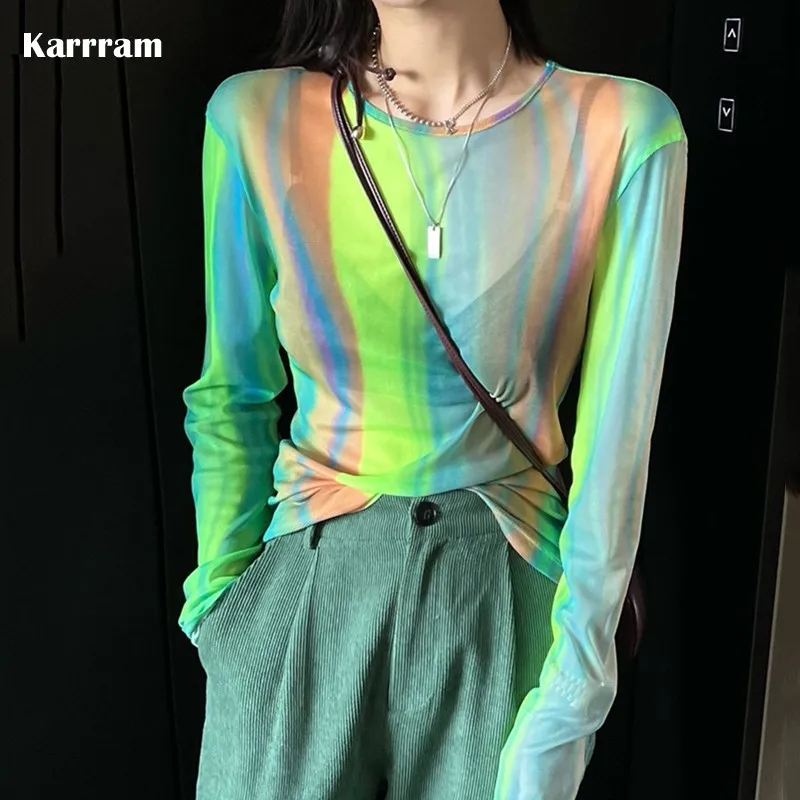 Karrram Green Tie Dye Mesh Tshirt Women Y2k Aesthetic Long Sleeves T-shirt Slim Mesh Tops See Through Chic T Shirts Colorful Top