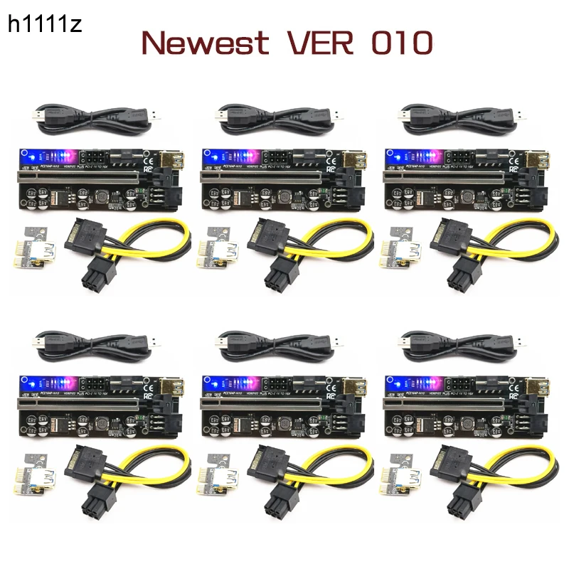 

6pcs Riser 010 USB 3.0 PCIE Riser PCI Express X16 Extender Adapter 010S Plus GPU Riser Card SATA 15pin to 6pin Power Marquee LED