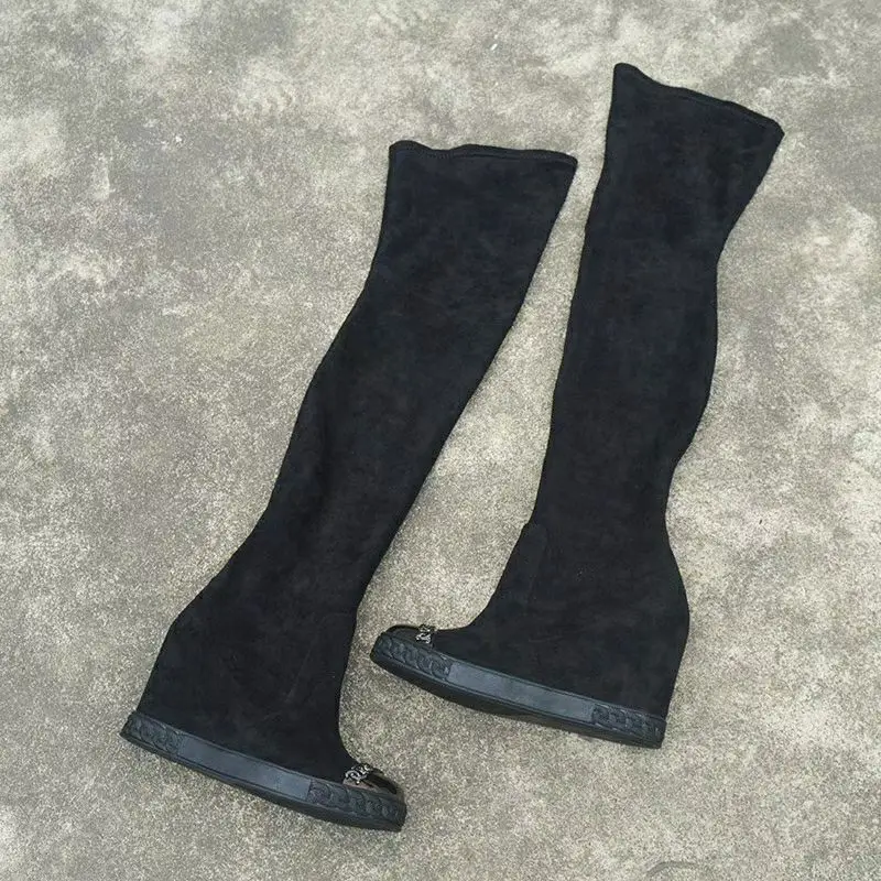 Black Suede Leather Metal Iron Toe Thigh Boots Height Increasing Inner Wedge Heel Woman Stretch Slip On Over Knee Boots