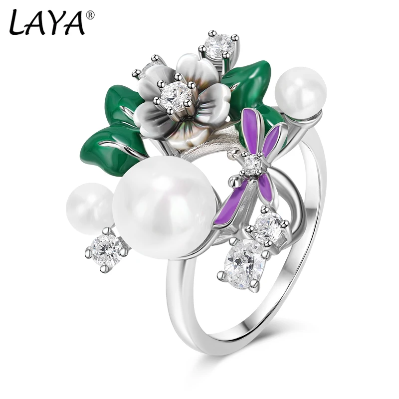 

Laya 925 Sterling Silver High Quality Zircon Natural Pearl Shell Flower Ring For Women Fashion Original Jewelry 2022 Trend