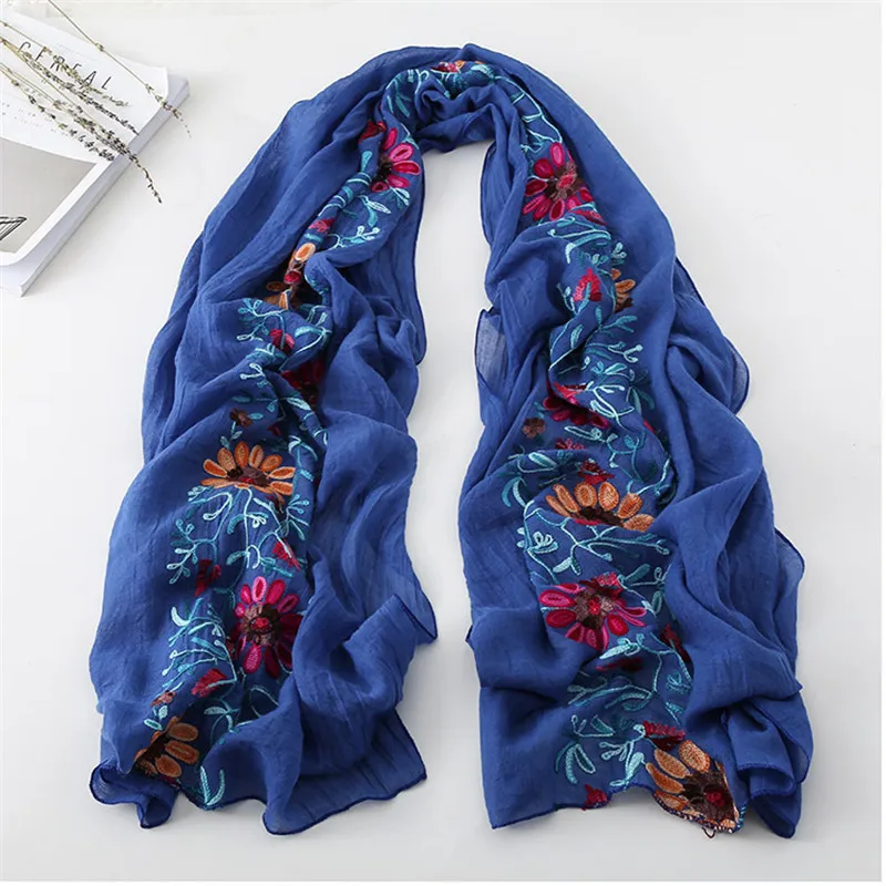 Women Cotton Viscose Shawl Plain Embroider Floral Turban Style Pashmina Wrap Thick Sun Protection Summer Soft Shawl 180*90Cm