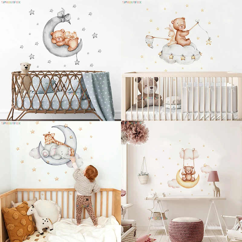 Cute Bear Moon Star Wall Stickers for Kids Rooms Cartoon Animal Wall Decals Removable Vinyl Art Mural for Nursery Girls Boy