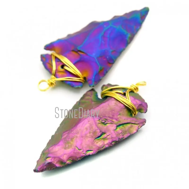 

PM22469 Flint Stone Wire Wrapped Hammered Pendant Flint Copper Arrow Head Free Form Pendants Gold Or Silver Plated