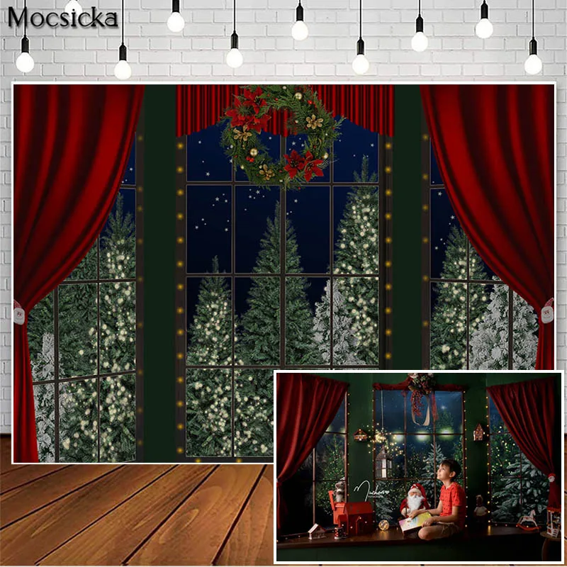 

Winter Christmas Night Photography Backdrops Dark Green Window Red Curtain Decor Family Smash Photocall Background Photo Studio