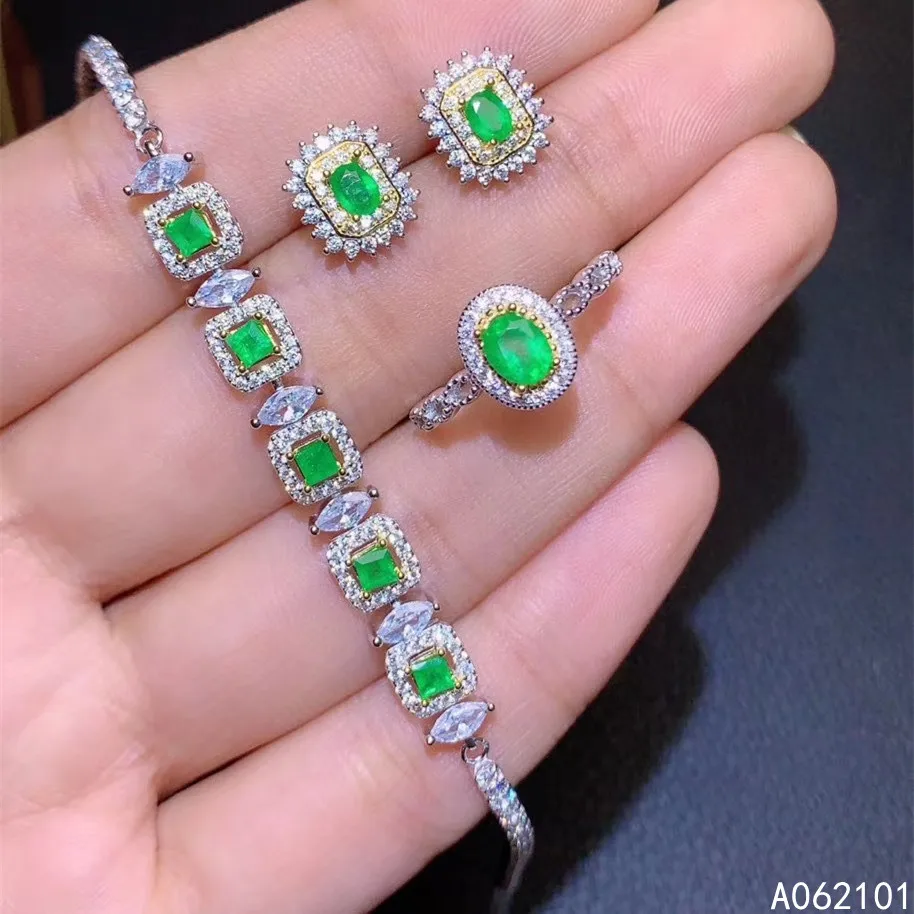 KJJEAXCMY fine Jewelry 925 sterling silver inlaid natural Emerald popular ring earring bracelet set support test Chinese style