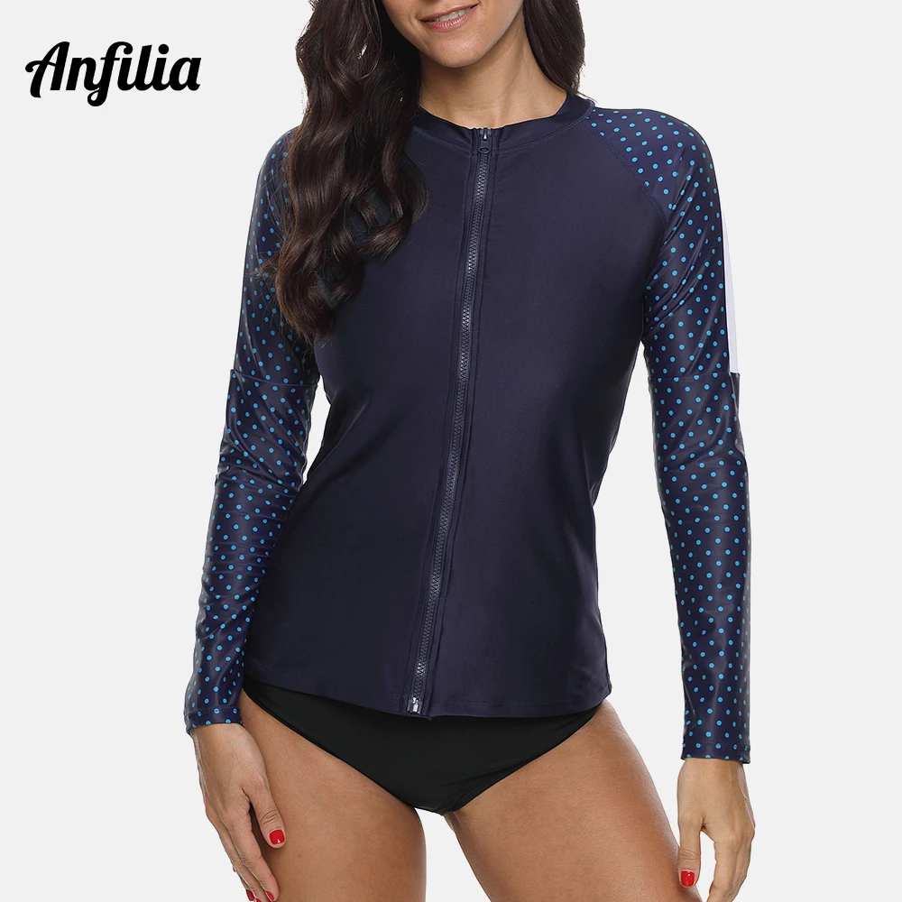 

Anfilia Women Long Sleeve Rashguard Shirt Zipper Swimsuit Top Polka Dot Swimwear Surfing Top Diving Shirts Rash Guard UPF50+