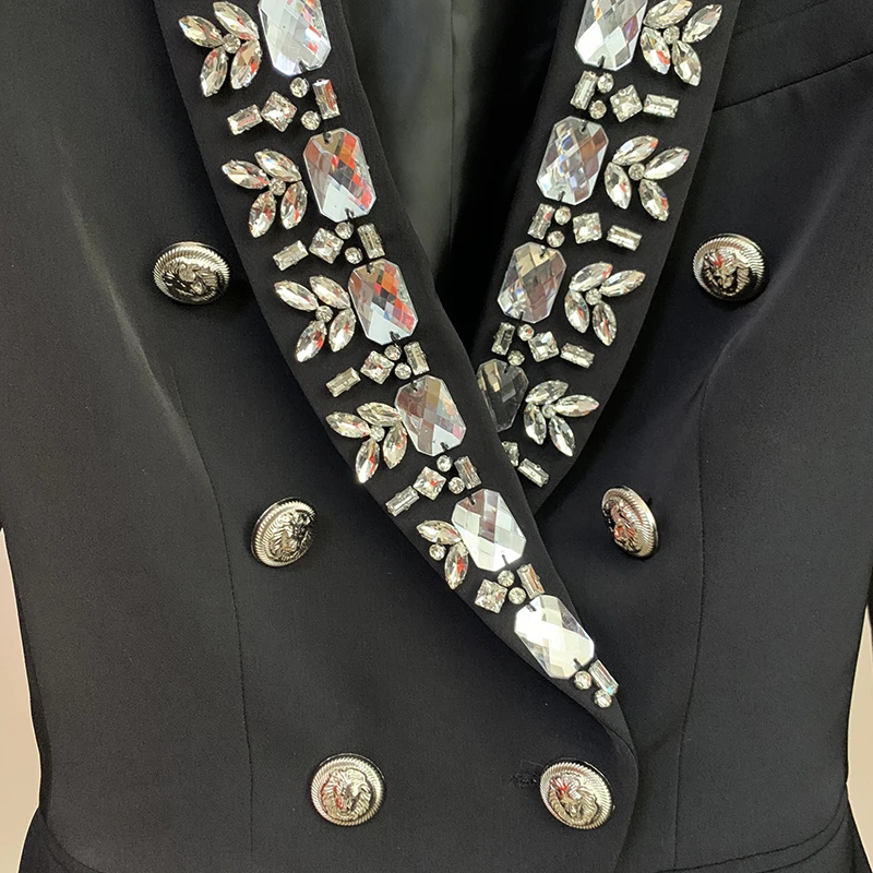 HIGH QUALITY Newest 2024 Fashion Designer Jacket Women\'s Diamonds Strass Beading Double Breasted Shawl Collar Blazer