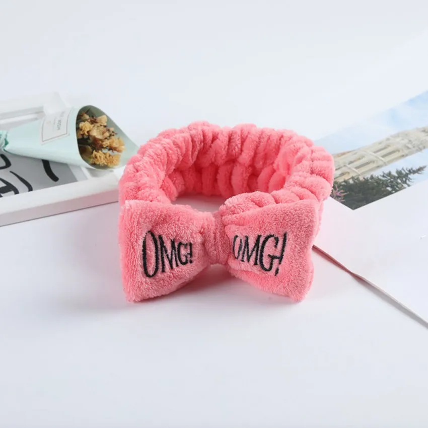 OMG Letter Bow Headbands para Mulheres, Wash Face, turbantes suaves, bandas elásticas de cabelo, Velo Coral, Assistente de Maquiagem Headwear,