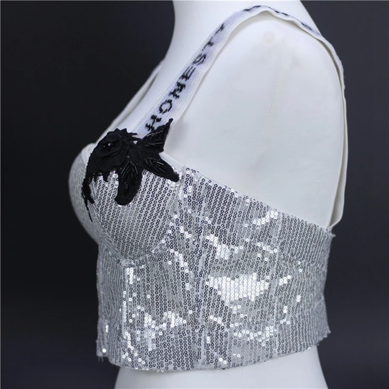 Cupnaya Glitter Sequins Women Sexy Crop Top Push Up Bustier Wide Strap Short Camisole Corset Bralette Dance Clubwear Black White