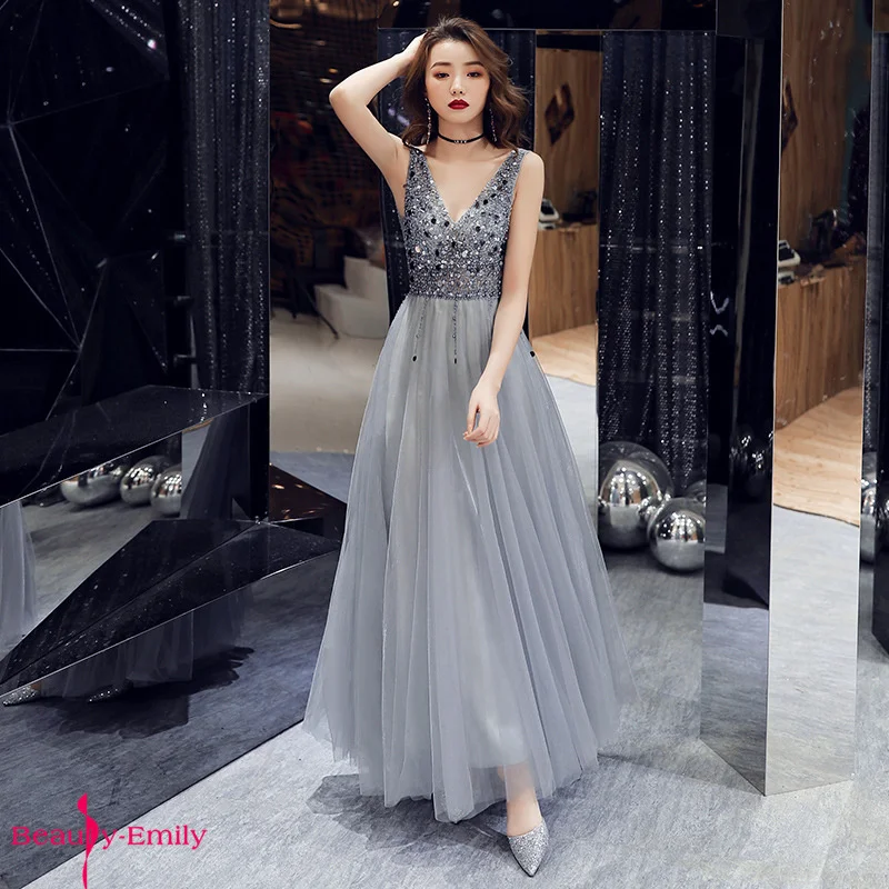 Beauty-Emily Sexy V Neck Sequins Evening Dresses Long Sleeveless Beads Appliques Party Prom Gowns Pleated Formal Dress Vestidos