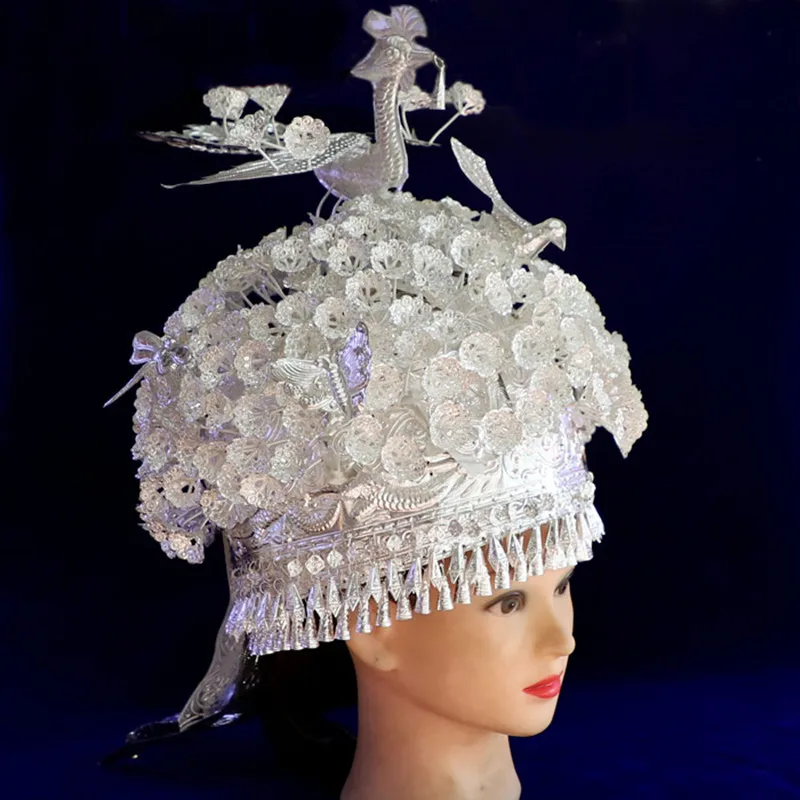 Beautiful Miao Silver Hat For Women Festival Party Performance Queen Cap Singer Model Traditional Hat Dressed Up Loudly