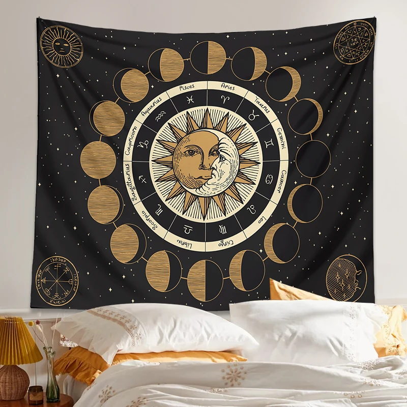 Tarot Moon Phase Tapestry Wall Hanging Wheel of the Zodiac Astrology Chart Sun and Moon Starry Sky divination Home Decor