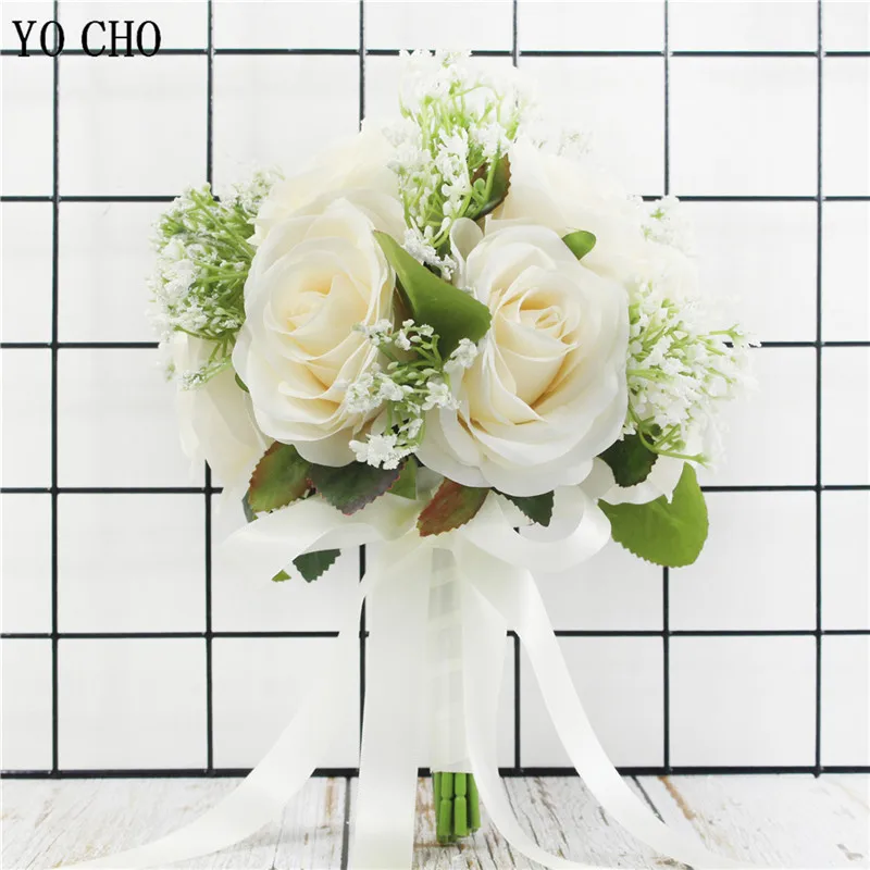 YO CHO Bridesmaid Bridal Bouquet Artificial Roses White Silk Flowers Wedding Bouquet Girl Bouquet Wedding Accessories Home Decor