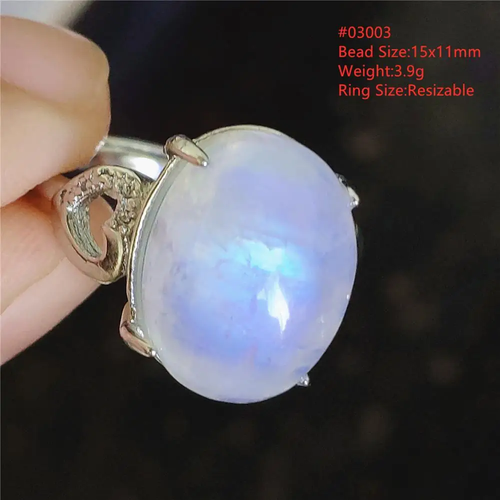 Luz Azul Natural Moonstone Anel Oval Ajustável Todas as Mulheres Tamanho 925 Prata Transparente Azul Moonstone Oval Bead Anel AAAAAA