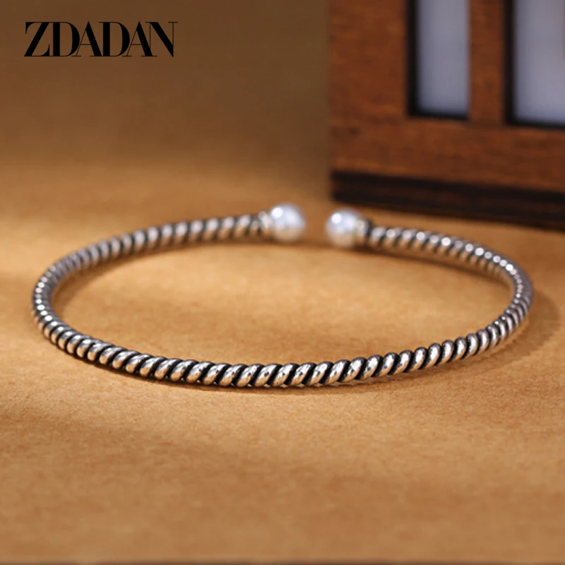 ZDADAN 925 Sterling Silver Twisted Double Pearl Cuff Bracelet&Bangle For Women Fashion Jewelry