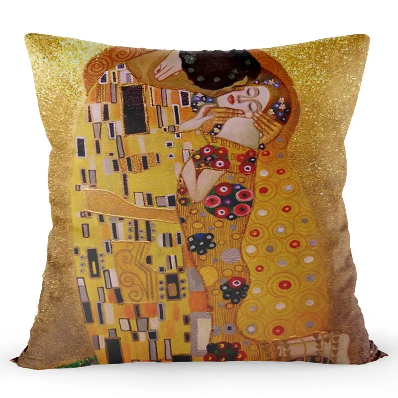 Gustav Klimt Painting Cushion Cover Gold Pattern Print Pillow Cover Satin 40*40 CM Throw Pillowcase Decorative For Home