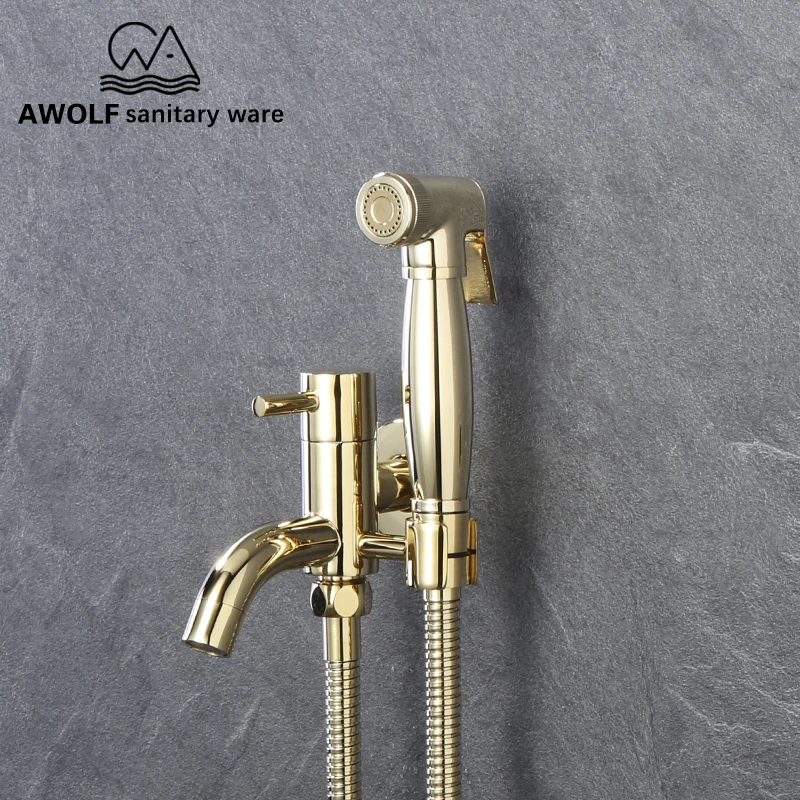 

Toilet Shattaf Hand Held Bidet Sprayer Shiny Zirconium Gold Douche Kit Solid Brass Spout Shower Head Faucet Tap AP2213