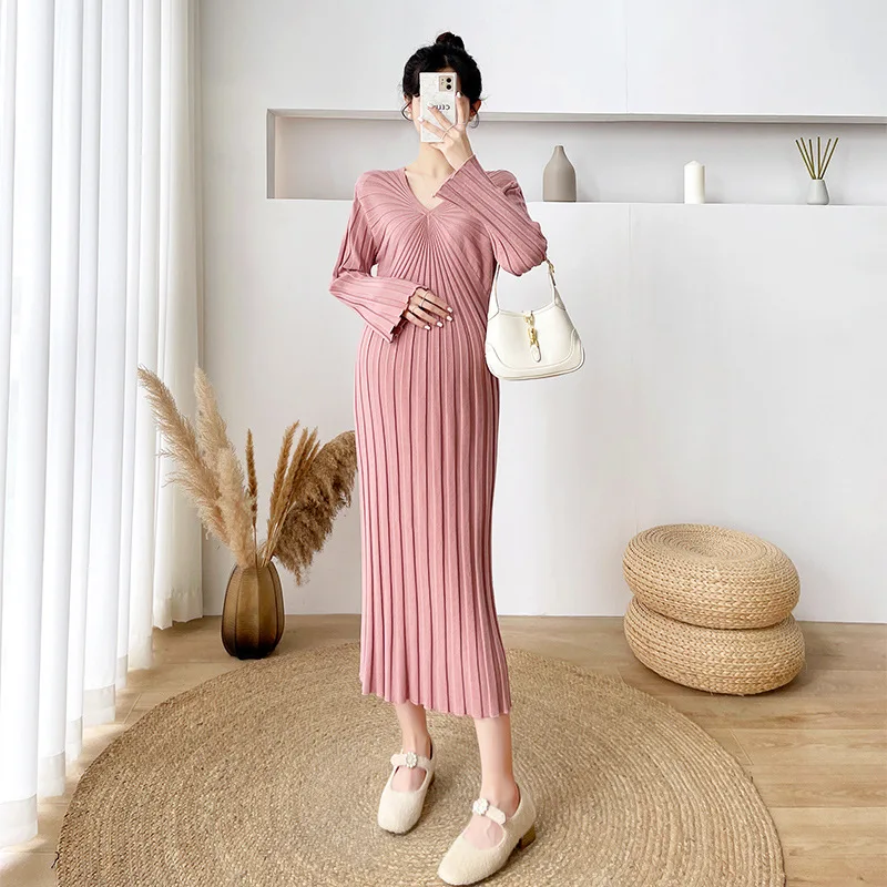 

Pregnant Woman Party Dress Elegant Solid V-Neck Long Sleeve Knitting Dress Autumn Female Sweater Package Dress