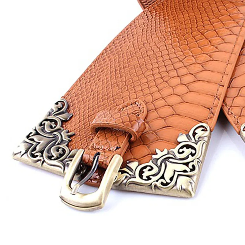 New Lady Women Elastic Waistband Wide Waist Belt Retro Metal Buckle Faux Leather Red Brown