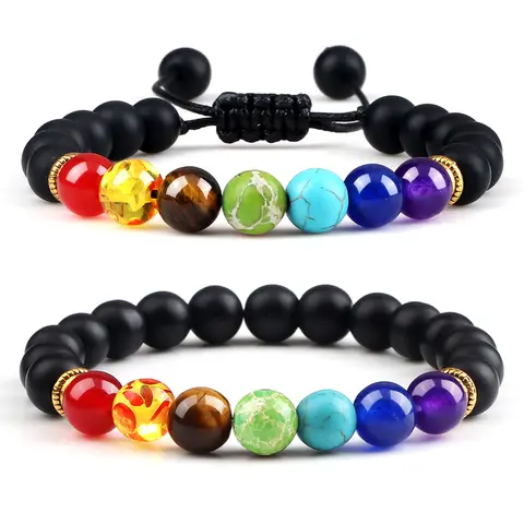 Pulseras trenzadas ajustables con cuentas curativas de 7 Chakras para hombre y mujer, pulsera elástica de Lava de 8mm, joyería de Buda Reiki, 2 uds.