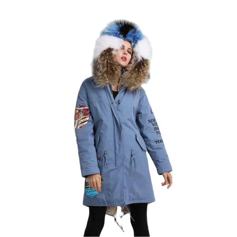 

Blue Outshell Long Parka Faux Fur Lined Coat Cartoon Animation Pattern Jacket For Women With Nice Fur Collar