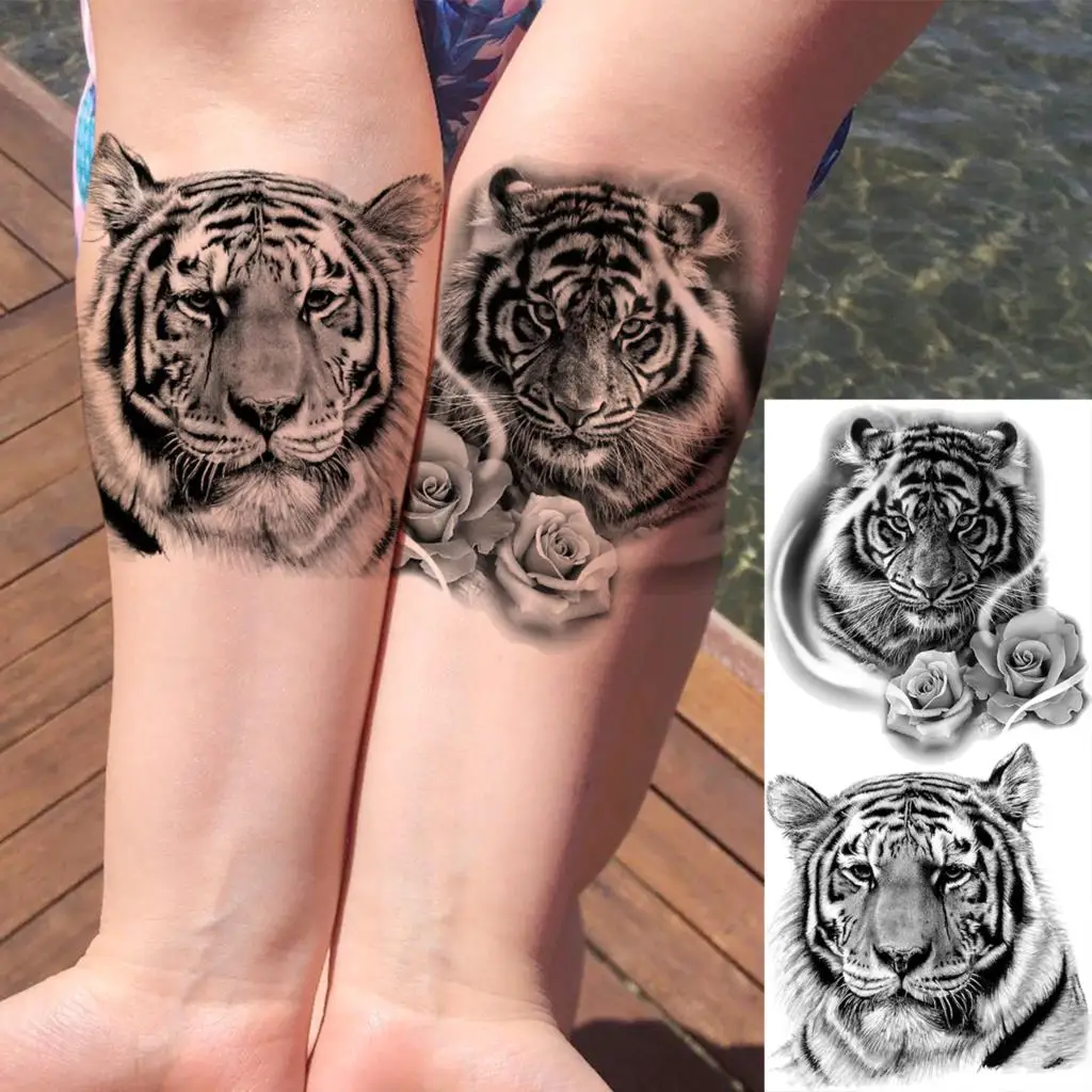 Tatouages Temporaires 3D en Forme de Tigre Noir et Rose pour Homme et Femme, Faux Tatouage Réaliste, Lavable, pour Avant-Bras