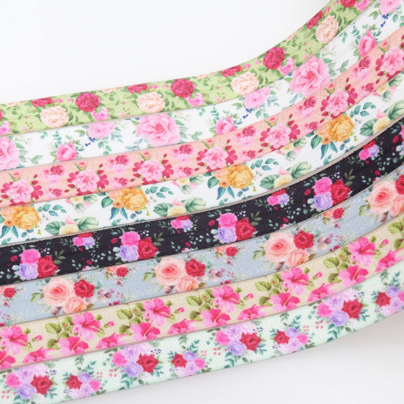 DHK 5/8'' 5yards Flowers Floral Rose printed Fold Elastic FOE stretch ribbon hairbow headwear headband DIY OEM 15mm E1932