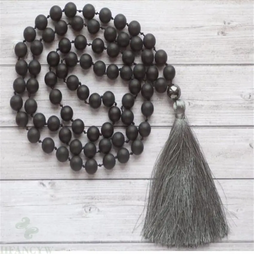 

8mm Frosted Black Onyx Gemstone 108 Beads Tassel Mala Necklace classic pray Buddhism Healing cuff Chakas Handmade fengshui