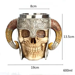 Retro Horn Skull Resin Beer Mug Stainless Steel Skull Knight Tankard Halloween Coffee Cup Viking Tea Mug Pub Bar Decoration
