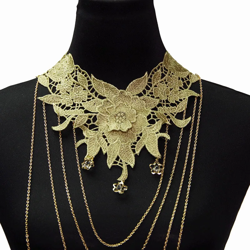 Lace Flower Body Chain Necklace Women Flower Collar Hollow Out Gothic Multilayer Chain Statement Jewelry Cosplay Accessories Emo