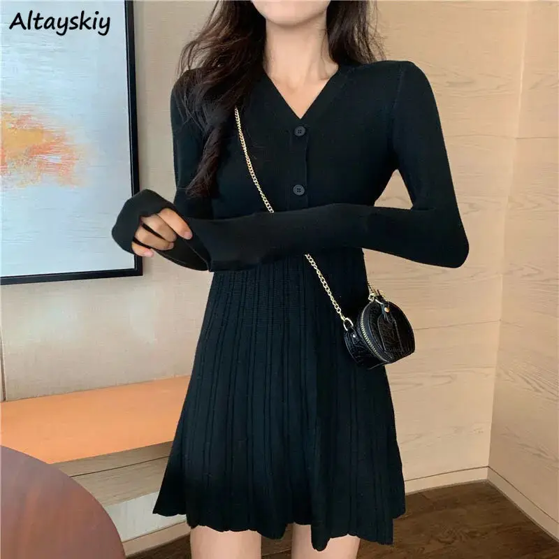 Long Sleeve Dresses Women Knitting Solid Color V-neck Button Mini Length Sexy Female A-line Mujer Vestido High Waist Spring New