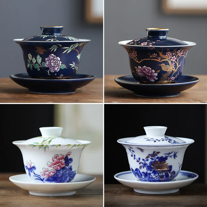 Gongfu Tea Set Ceramic San Cai Gai Wan China Handmade Tea Cups Gaiwan Tureen Hand-painted Tea Bowls