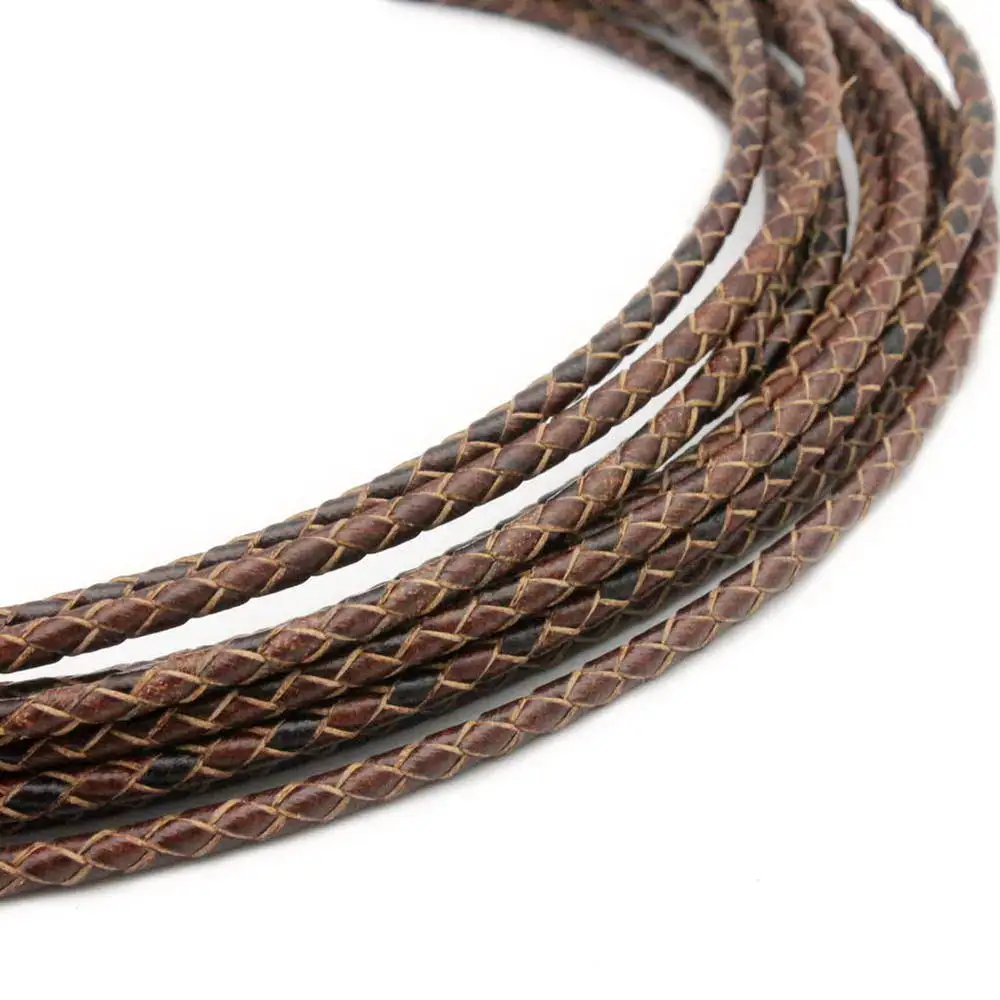 Aaazee 1 Yard 3mm Round Distressed Brown Braided Real Leather Bolo Strap Braid Cord for Jewelry Making BP3M85